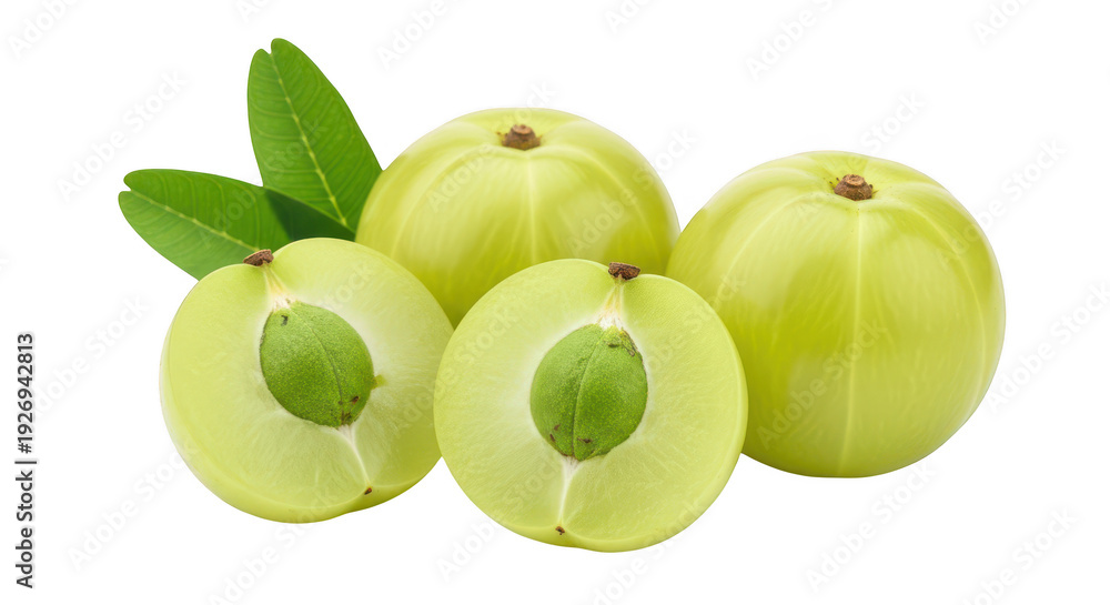 Obraz premium Fresh amla fruits with green leaves isolated on transparent background