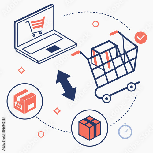 Isometric Line Art Illustration of E-commerce Online Shopping and Delivery Process, featuring Laptop, Shopping Cart, and Package Boxes for Digital Retail Concepts.