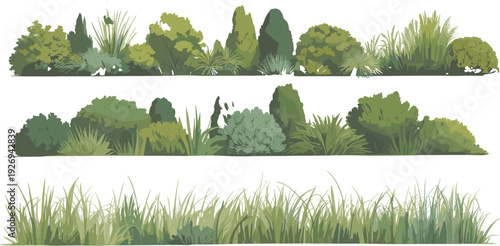 Set of green garden hedges, diverse landscaping shrubs, and long grass borders for backyard design isolated on white background.