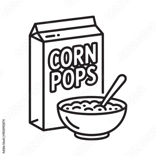 Line drawing of corn pops cereal box and bowl with spoon