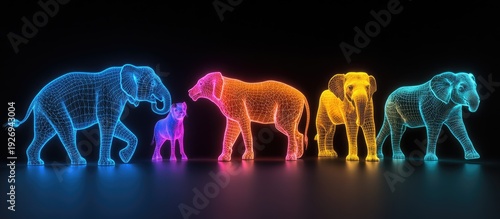 Neon Wireframe Elephants: Vibrant Digital Art on Black Background