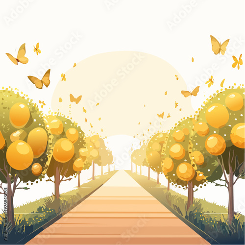 A sunlit pathway through an enchanting orange tree garden with fluttering butterflies