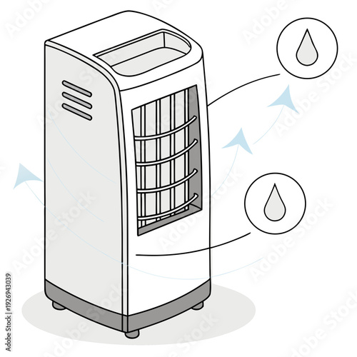 Isometric Illustration of a Home Dehumidifier or Air Purifier Appliance, Showing Air Circulation and Moisture Removal with Droplet Icons.
