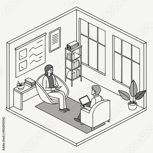 Isometric View of a Psychotherapy or Business Consulting Session with Two Individuals Communicating in a Modern Office Interior