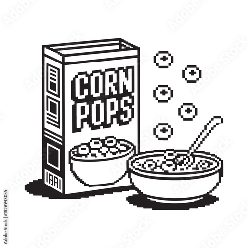 A pixelated illustration of corn pops cereal bowl and spoon