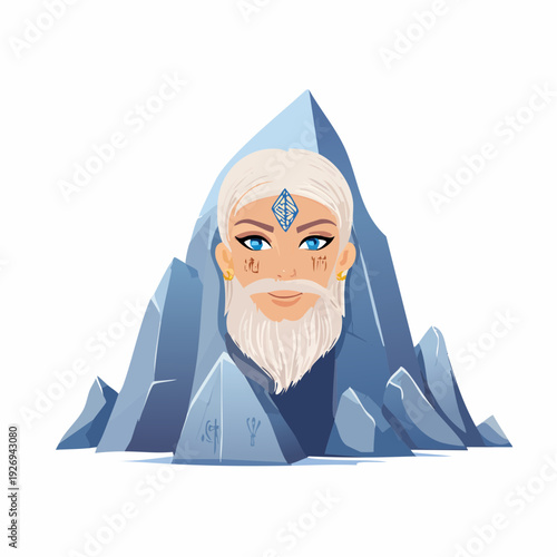 Mythical wise elder with a white beard emerging from a rocky mountain with ancient runes