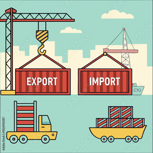Bright Vector Illustration of International Export and Import Trade, Featuring Cranes, Shipping Containers, Forklift, and Barge