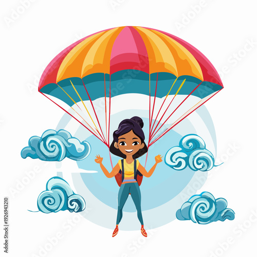 Smiling young woman embracing the thrill of skydiving adventure with a vibrant parachute amidst fluffy clouds