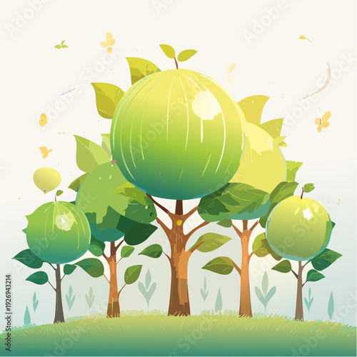 Enchanted grove of stylized trees bearing large, glowing green apples under a soft light