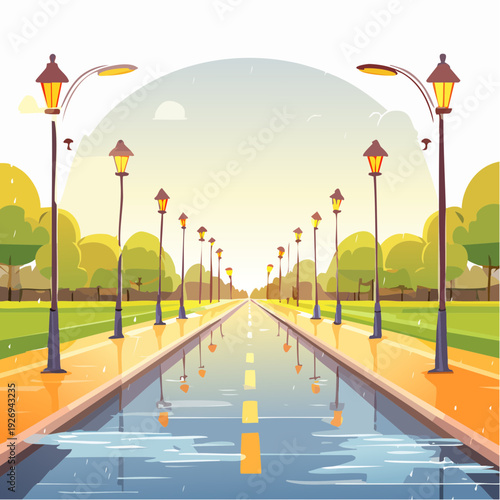 A tranquil avenue with streetlights and reflections on a wet road