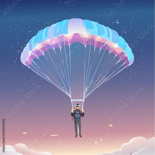 Parachutist soaring high above the clouds at dusk, a solitary figure enjoying the exhilarating freedom of the night sky