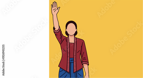 Confident woman raising her hand on bright background symbolizing leadership, empowerment, equality, and active participation