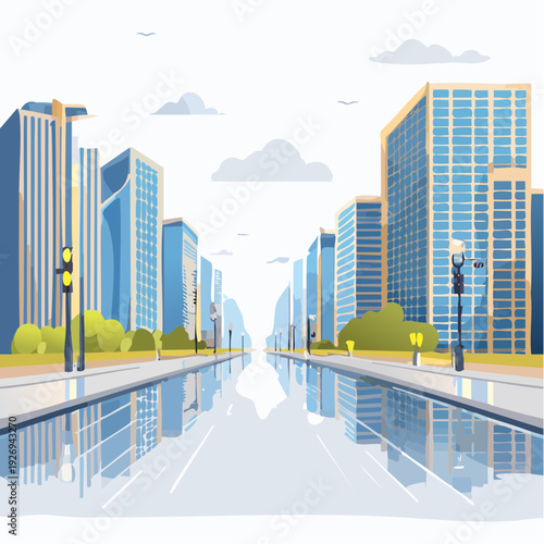 Empty city street with reflections on wet asphalt after rain, modern urban cityscape vector