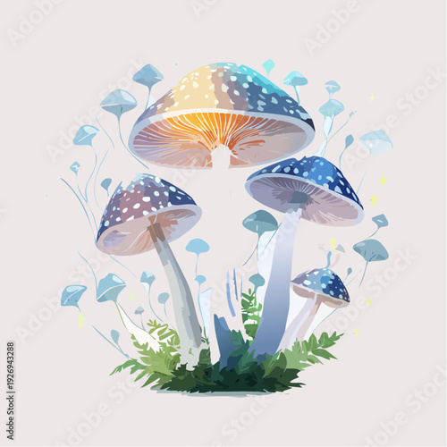 Whimsical fantasy toadstools with glowing cosmic patterns and magical light