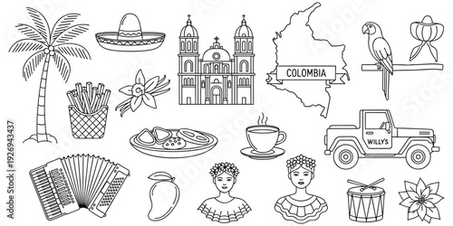 Colombian culture illustration, black white design, palm tree, sombrero, cathedral building, Willys jeep, accordion drum, coffee motif, traditional dresses, flat vector artwork
