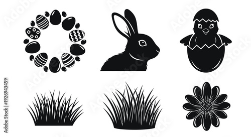 Easter wreath composed of patterned eggs surrounds a rabbit head and a chick emerging from an egg graphic.