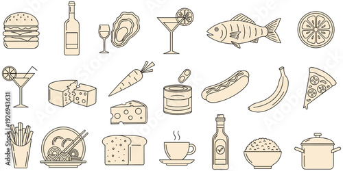 Food drink icons, culinary illustration, hamburger wine, martini glass, cheese carrot, hot dog pizza, ramen bread, coffee tea, flat vector artwork