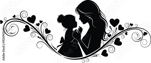 Mother and daughter silhouette with floral swirls and hearts, concept of maternal love, family bond, parenting, childhood, and feminine beauty.