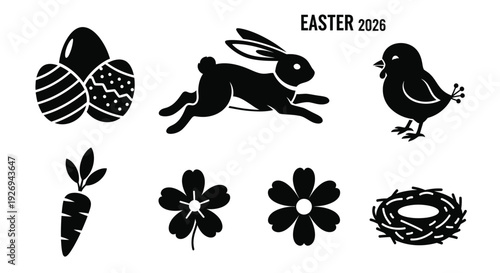 Easter themed black silhouette icons showing a running bunny, chick, carrot, and decorated eggs for 2026.