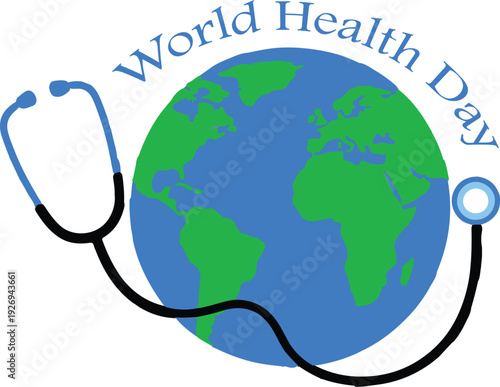 World Health Day vector with globe, stethoscope, and blue global medical awareness design
