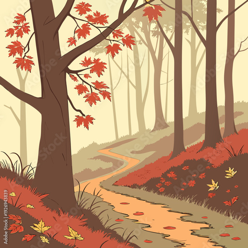 Vibrant autumn woodland illustration featuring a clear path winding through trees with vivid red and orange leaves scattered on the ground, depicting a crisp fall day.