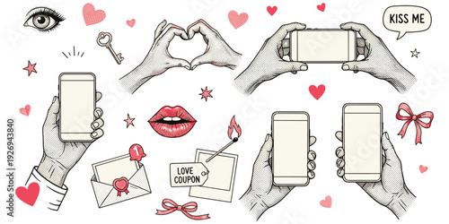 Romantic communication collage, vintage style, smartphones hands, heart shape, lips eyes, love coupon, kiss me text, affectionate motif, flat vector illustration