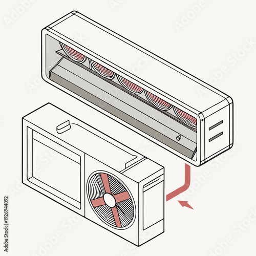 Isometric Line Art Diagram of Air Conditioner Internal Components and Connection, HVAC System Outline