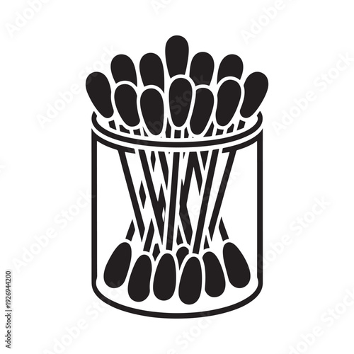 Black and white illustration of matches inside a cylindrical container