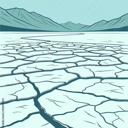 Vast Cracked Dry Earth Landscape with Distant Mountains in a Monochromatic Teal and Blue Illustration, Concept of Drought and Desertification