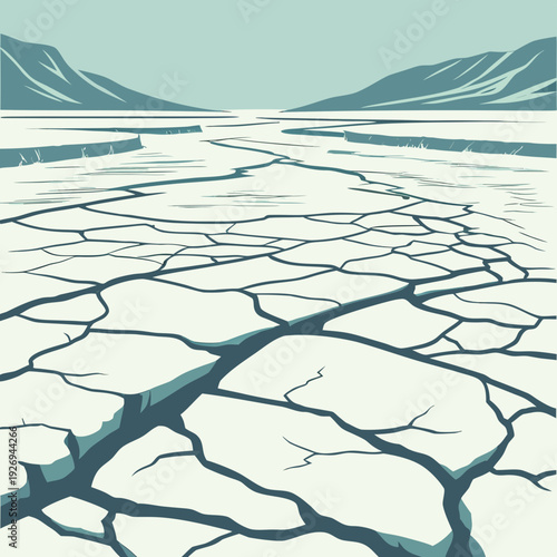 Large Cracked Ice Floes on a Frozen Water Surface with Distant Mountains, Monochromatic Illustration of Arctic or Antarctic Landscape and Climate Change