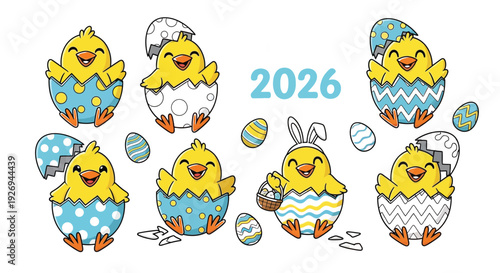 Group of cute cartoon baby chicks hatching from colorful decorated eggs celebrates the arrival of.
