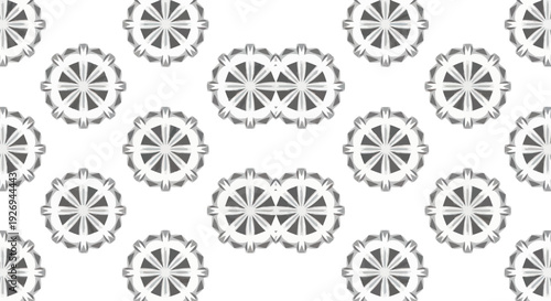 Repetitive pattern of Dharma wheel icons on white background, graphic design