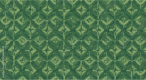Green geometric pattern with stylized floral motifs, repeating ornamental design in flat vector style.