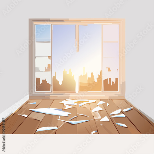 Illustration of a room with a shattered window, sharp glass pieces littering the wooden floor, revealing a bright urban sunrise vista