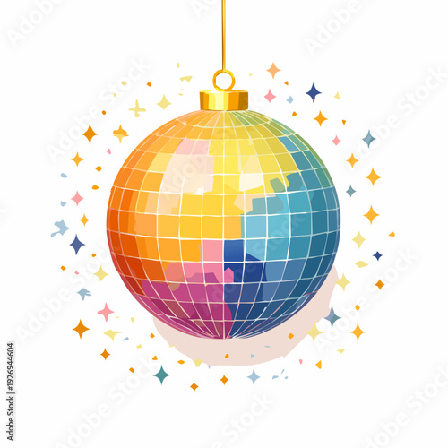 Vibrant rainbow disco ball illustration with glittering sparks, perfect for parties and festive occasions