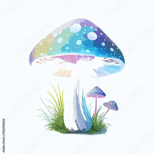 A magical, luminous mushroom painted with ethereal rainbow and galaxy colors