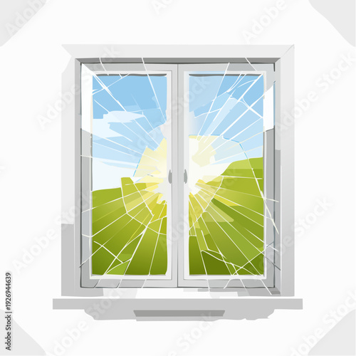 Shattered window glass revealing a bright and vibrant natural landscape on a sunny day