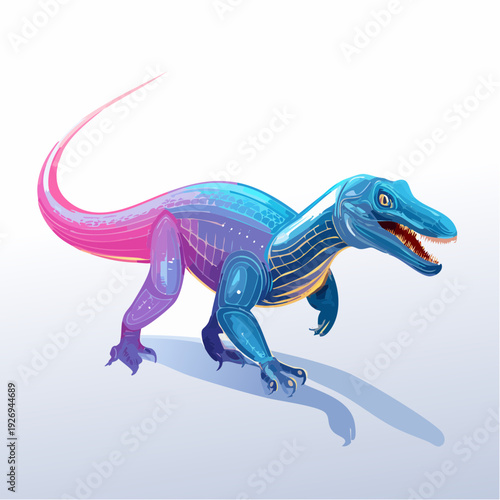 A vibrant illustration of a futuristic robotic velociraptor, a cybernetic vision of prehistoric life