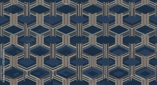 Geometric hexagonal pattern with diamond shapes and woven texture in blue and beige tones