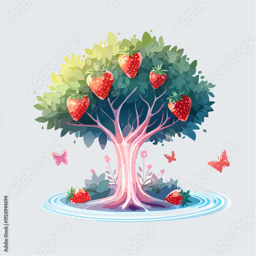 Enchanting fairytale tree bearing ripe red strawberries in a fantasy setting