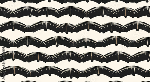 Abstract repeating pattern of black gauge meter icons on a beige background, flat design.