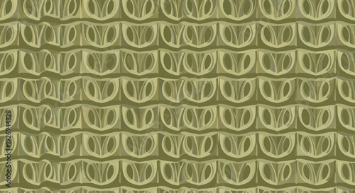 Repeating geometric pattern with stylized leaf motifs in shades of olive green and beige, flat design