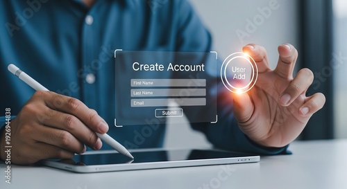 User creating new account on digital tablet with stylus, online profile registration and secure user add interface concept