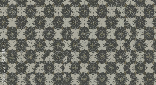 Geometric floral pattern with intricate symmetrical details in beige and dark grey tones, vector art.