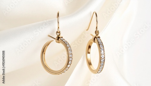Pair of gold hoop earrings with row of clear gemstones along outer edge, hook fastening, placed on soft white fabric background, elegant and luxurious jewelry design.