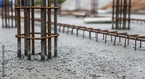 Reinforced concrete foundation under construction with steel rebar pillars
