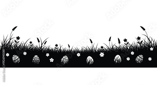 Dark silhouette of lush grass and small flowers conceals decorated Easter eggs along the bottom border.