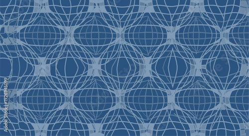 Abstract geometric pattern with interconnected oval shapes and grid lines in blue tones.