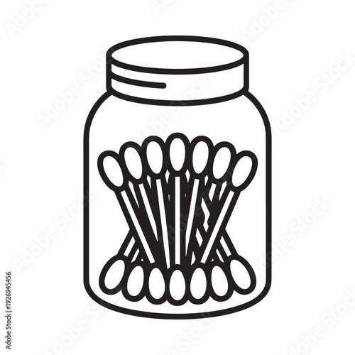 A simple line drawing depicts a glass jar filled with cotton swabs