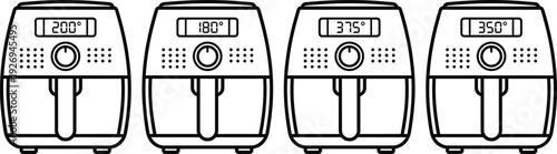 Black and white illustration of four air fryers with digital displays showing different temperature settings and control knobs in modern kitchen appliance vector design
